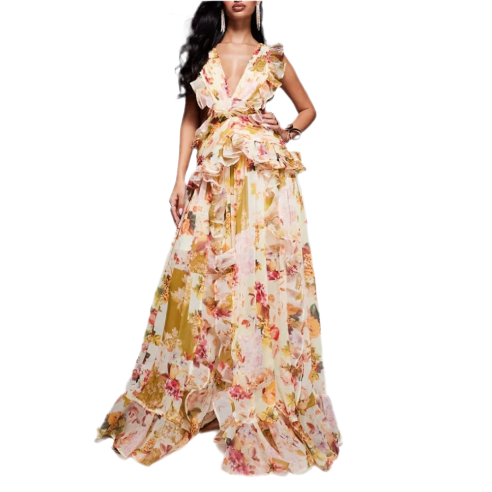 Maxi Dress for Women V Neck Sleeveless High Waist Patchwork Ruffles Edge French Sexy Printed Dress
