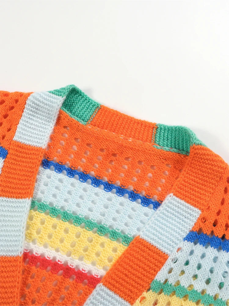 Plus Size Women's Rainbow Stripe Knit Crochet Cardigan Sweater