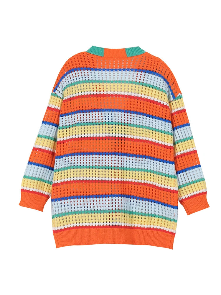 Plus Size Women's Rainbow Stripe Knit Crochet Cardigan Sweater