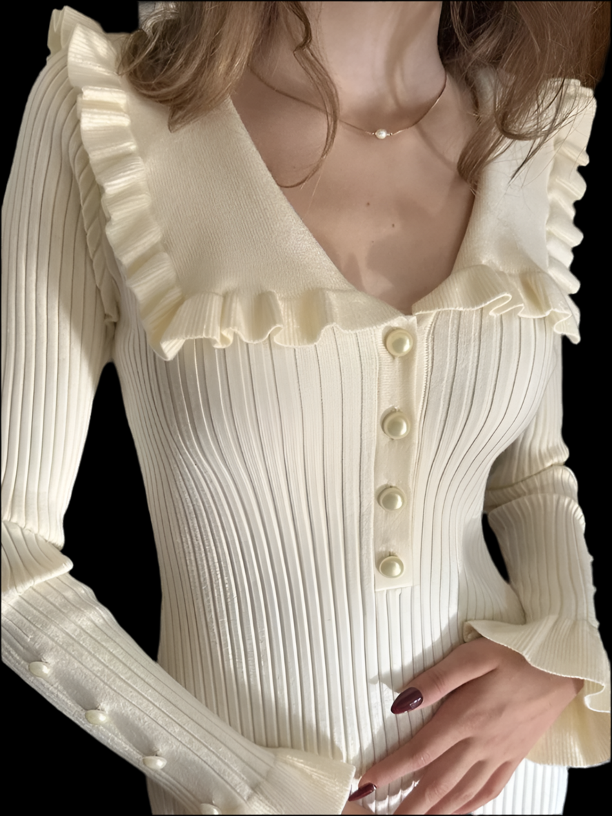Retro Elegant High Waist Ruffled Maxi Sweater Dresses Knitted Dress