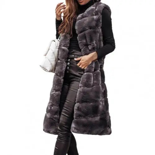 Faux Fur Sleeveless Coat Solid Round Neck Thick Outerwear Jacket