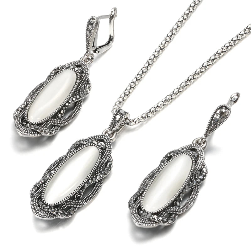 Hot Bohemian Big Opal Stone Earrings Necklace Jewelry Sets For Women