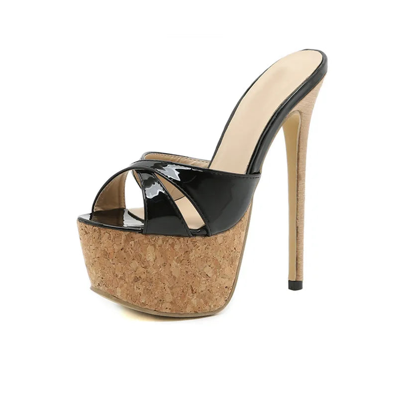 Super High Heels Slippers Sandals Women PU Leather Party Shoes Platform Heels Peep Toe Slip On Mules