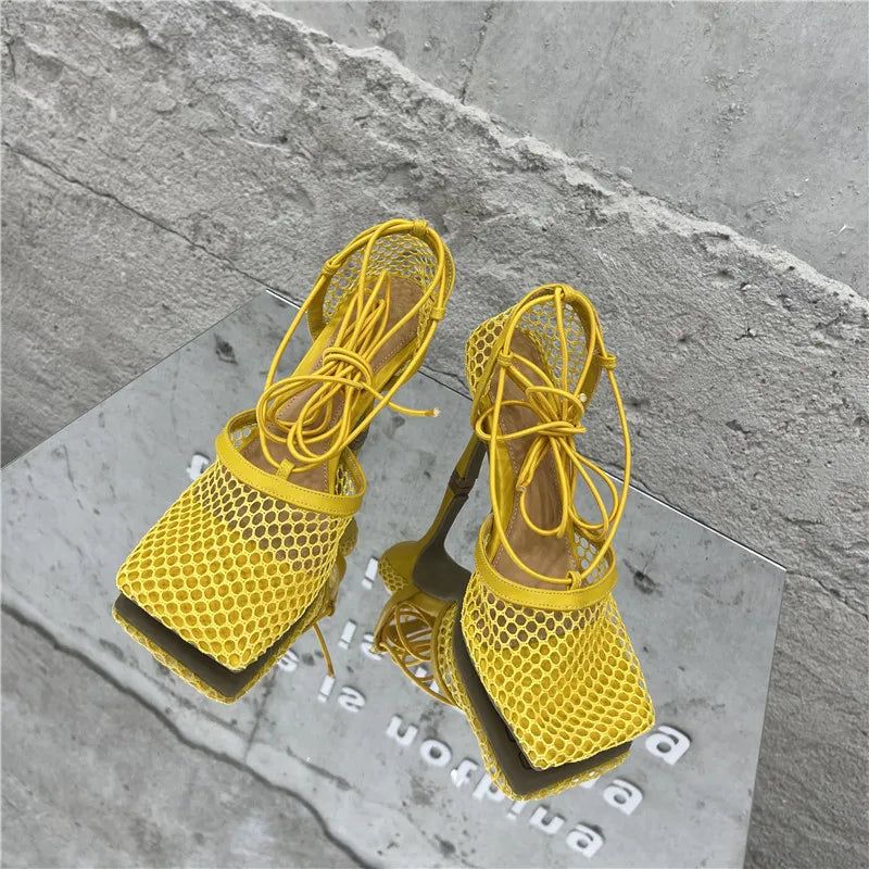 Sexy Mesh Pumps Sandals Female Square Toe High Heel Lace Up Cross-Tied Dress Shoes