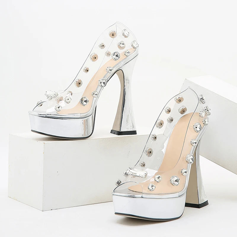 Crystal PVC Transparent Women Pumps Open Toed High Heels Sandals