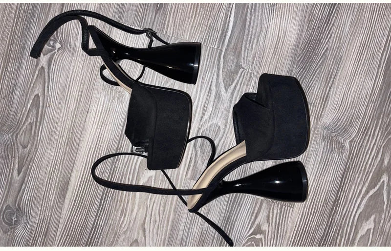 Women Peep Toe Sandals Black Flock Platform Ankle Strap High Heel Shoes