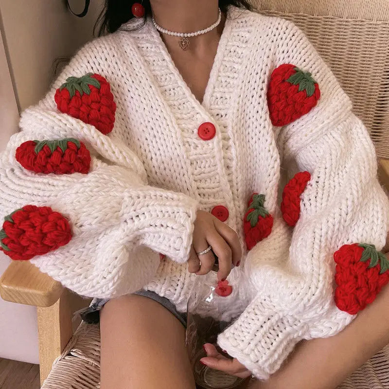 Large Size Women Sweater Puff Sleeve Strawberry Sweet Full Cardigans Loose Girls Sweater