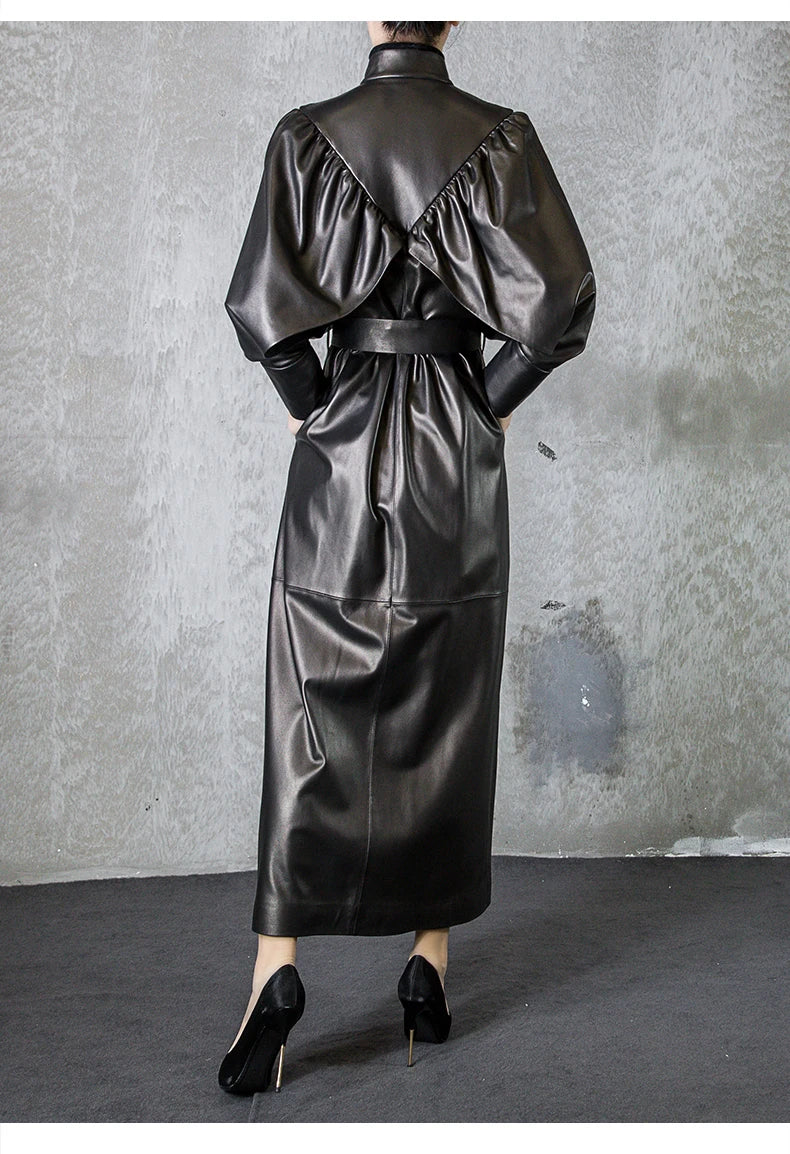 Green Black Maxi Soft Faux Leather Trench Coat for Women Luxury Retro Trench Coat