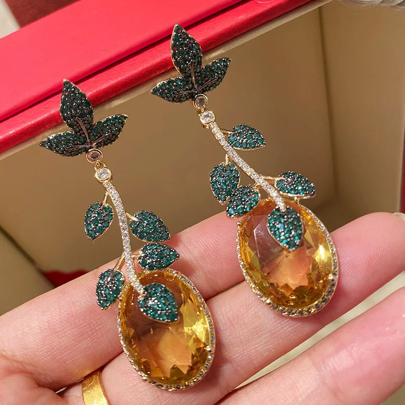 Green Leaf And Yellow Cubic Zirconia Vintage Luxury Drop Earring For Women