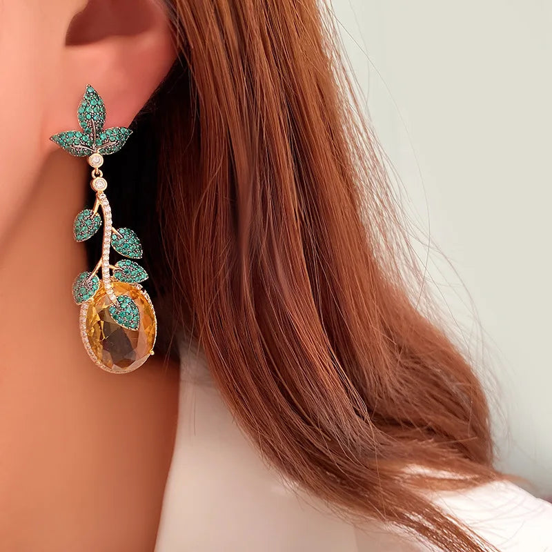 Green Leaf And Yellow Cubic Zirconia Vintage Luxury Drop Earring For Women