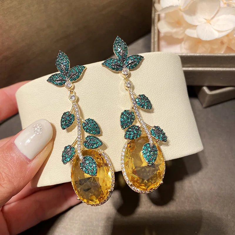Green Leaf And Yellow Cubic Zirconia Vintage Luxury Drop Earring For Women