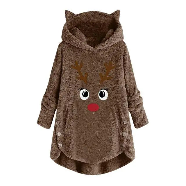 Women Printed Cat Ears Hooded Large Size Long Sleeve Button Sweater Warm Pullover Christmas Sweaters