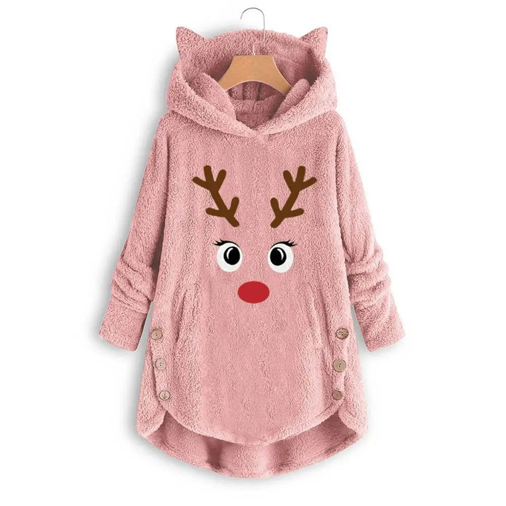 Women Printed Cat Ears Hooded Large Size Long Sleeve Button Sweater Warm Pullover Christmas Sweaters