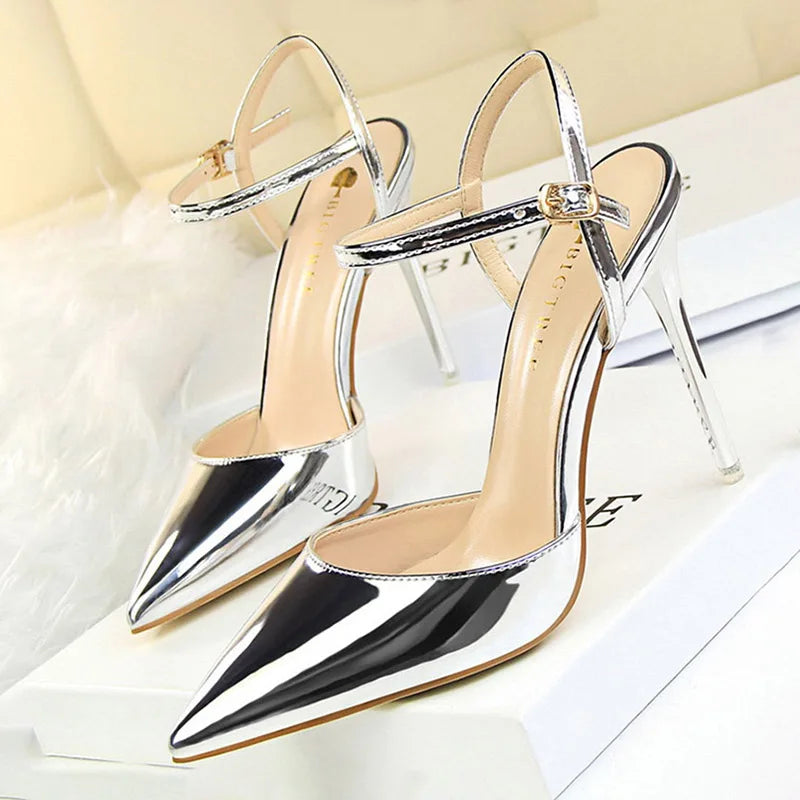 Patent Leather Woman Pumps Sexy Women Heels Blue Sliver Stiletto Heels Women Sandals