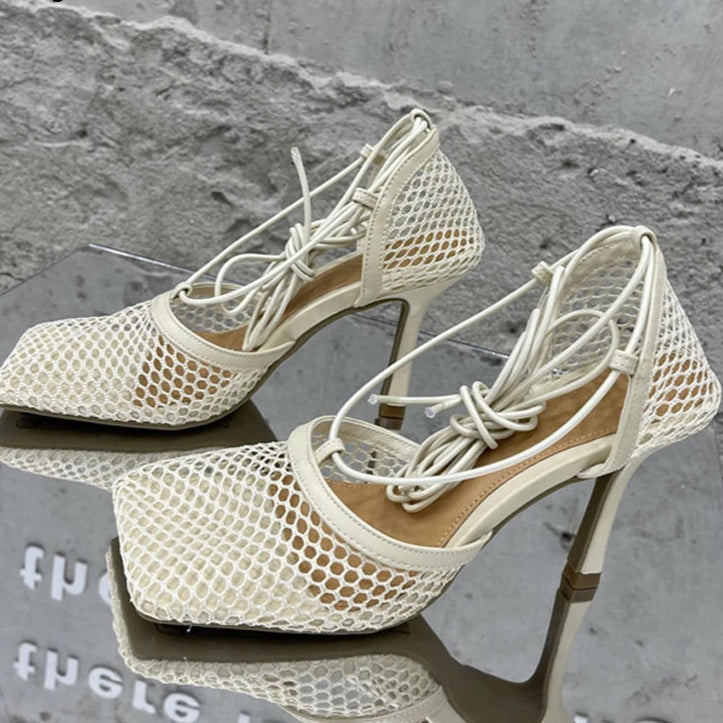 Sexy Mesh Pumps Sandals Female Square Toe High Heel Lace Up Cross-Tied Dress Shoes