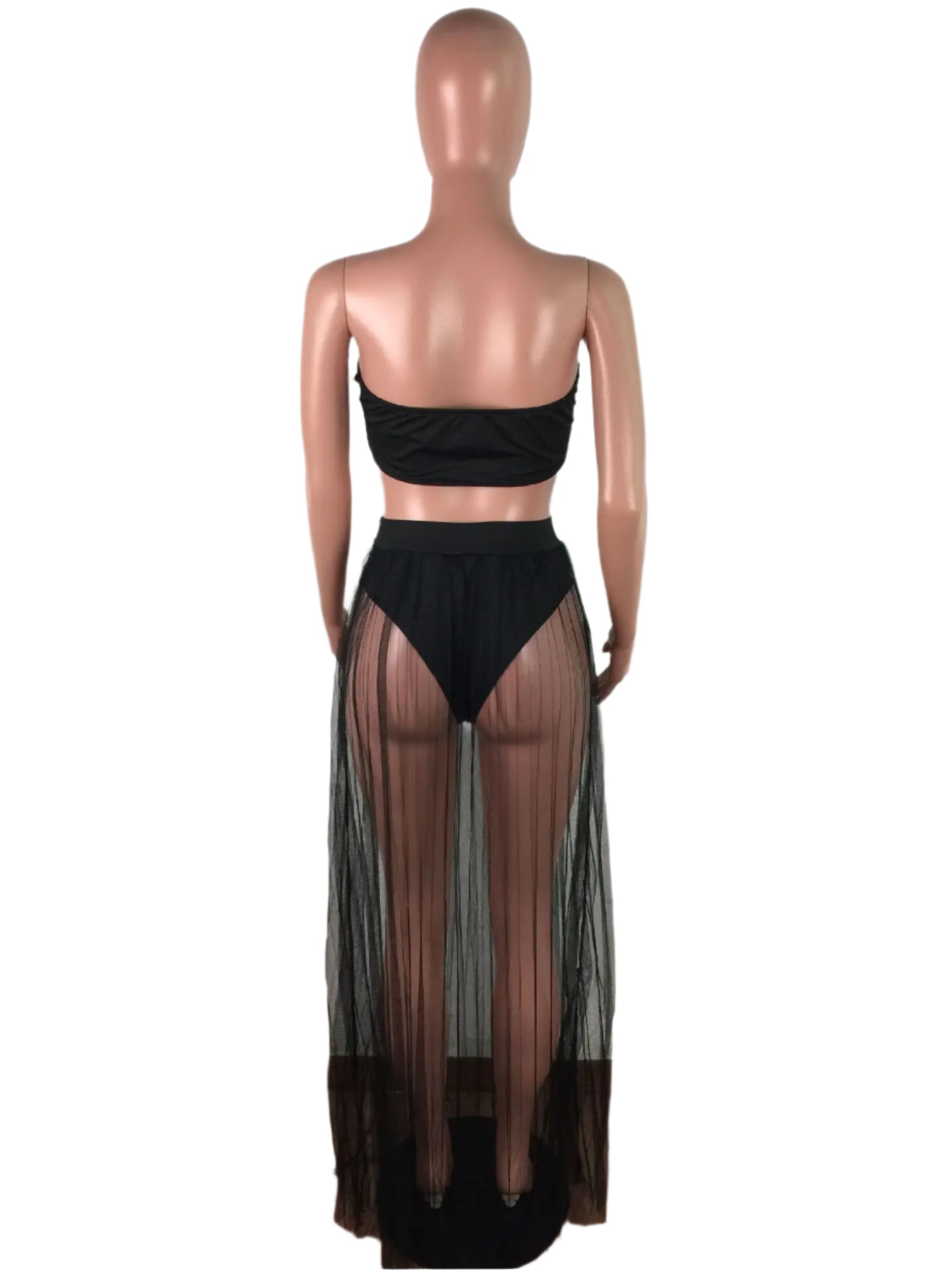 Women Mesh See Though Two Piece Set Sexy Beach Strapless Tops and Pleated Maxi Skirts Matching Set Summer Outfits