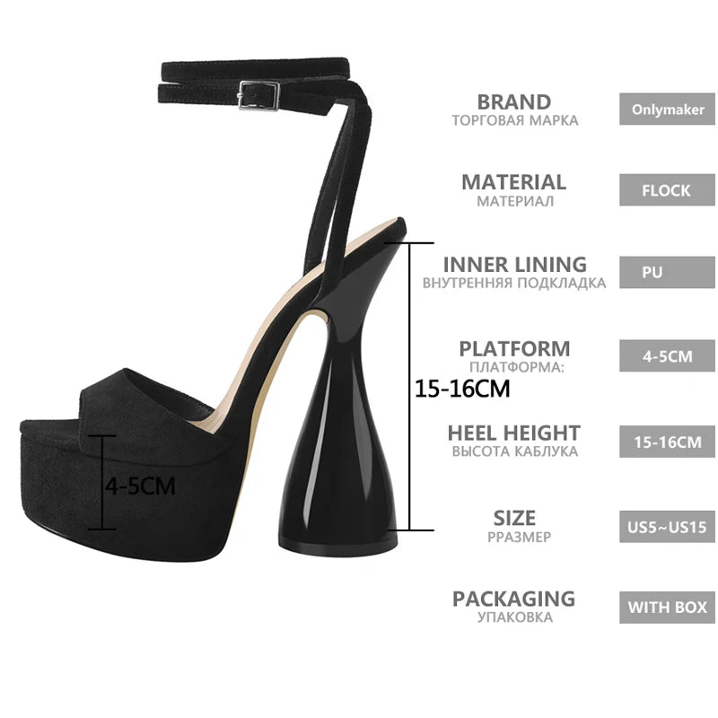 Women Peep Toe Sandals Black Flock Platform Ankle Strap High Heel Shoes