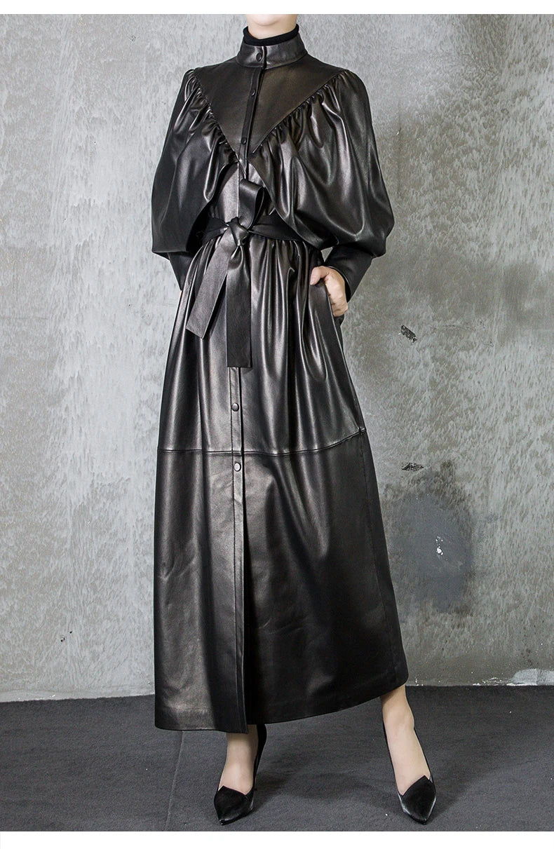 Green Black Maxi Soft Faux Leather Trench Coat for Women Luxury Retro Trench Coat