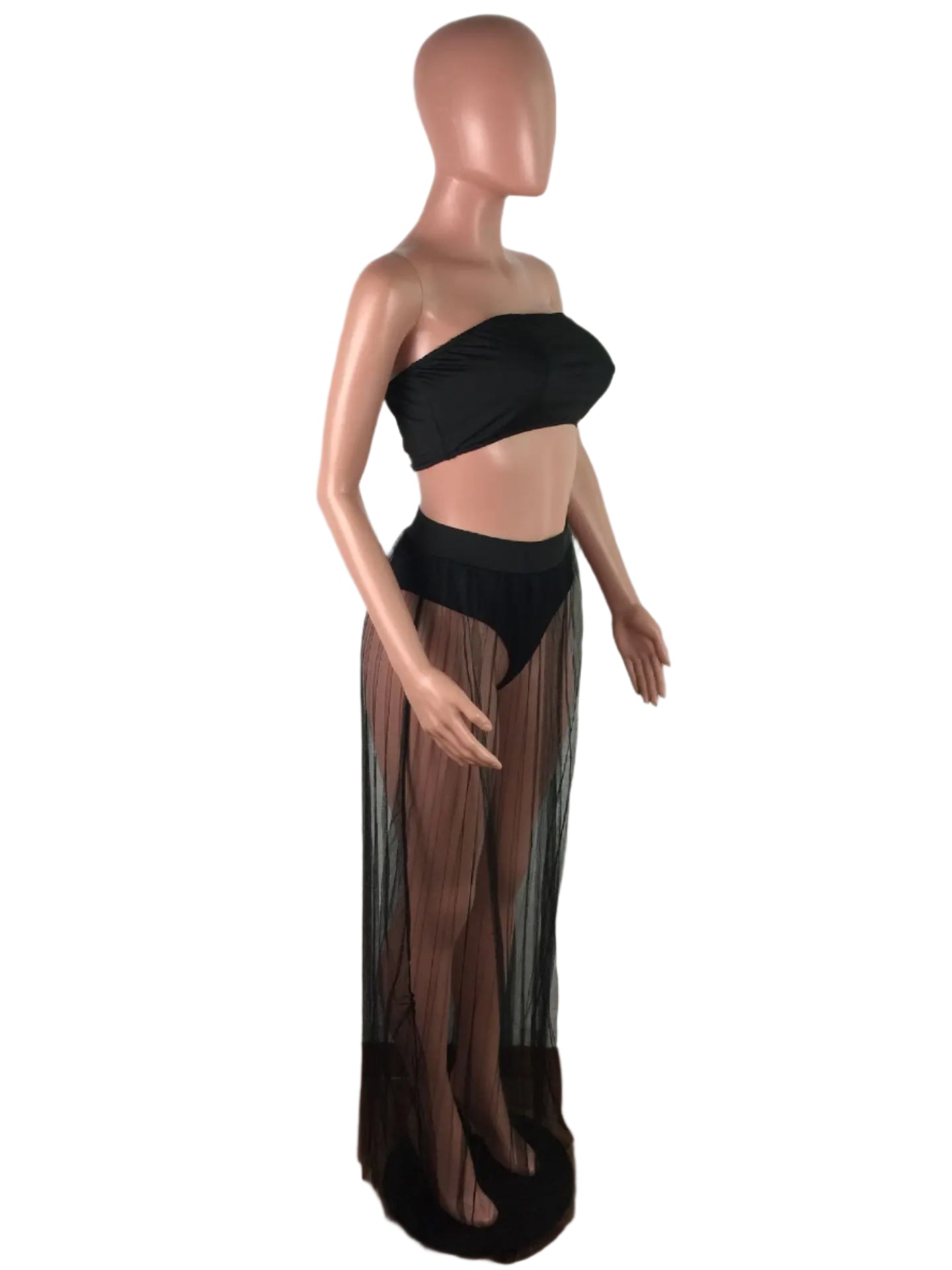 Women Mesh See Though Two Piece Set Sexy Beach Strapless Tops and Pleated Maxi Skirts Matching Set Summer Outfits