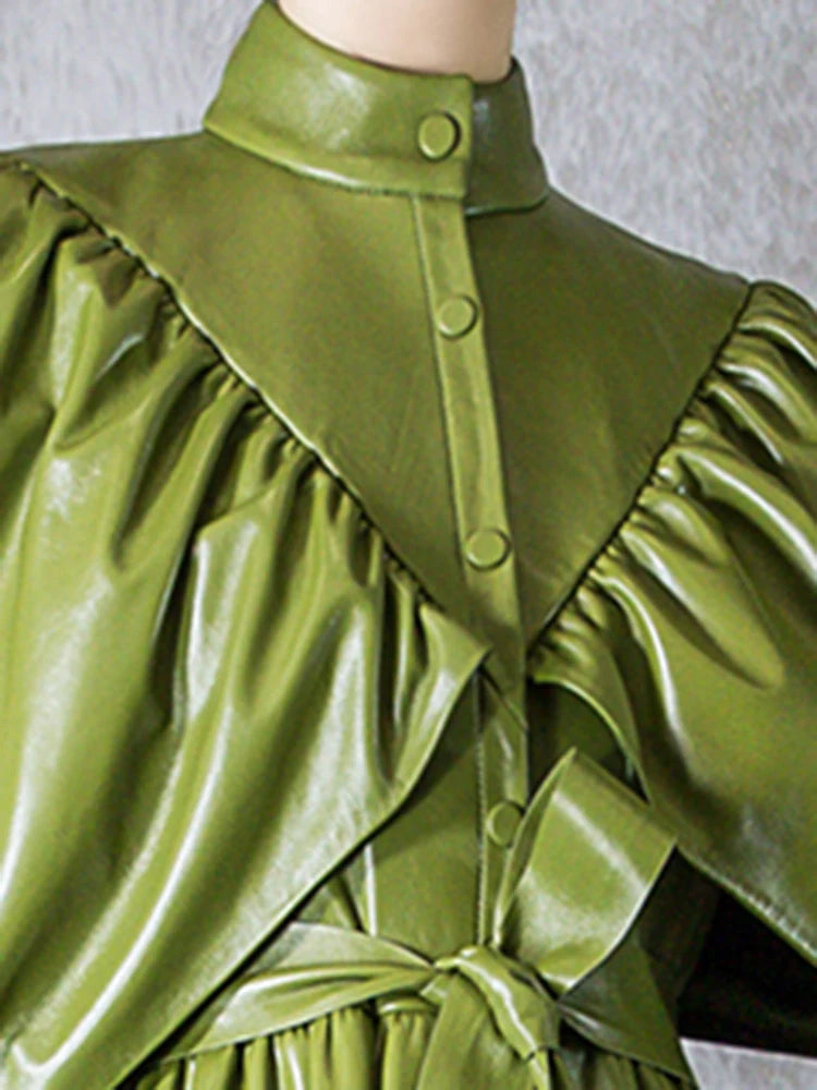 Green Black Maxi Soft Faux Leather Trench Coat for Women Luxury Retro Trench Coat