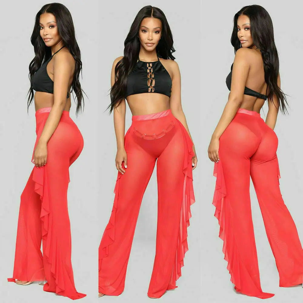 Women Beach Mesh Ruffle Sheer Wide Leg Pants Trousers Bikini Cover Up