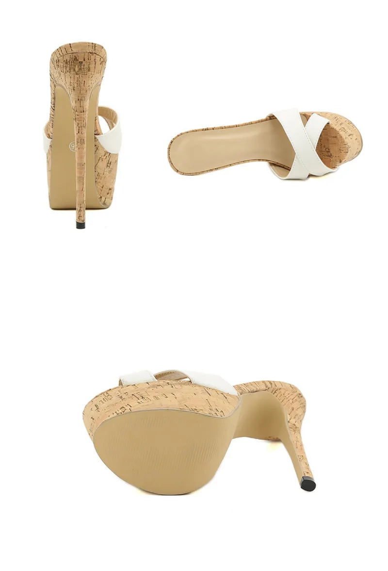 Super High Heels Slippers Sandals Women PU Leather Party Shoes Platform Heels Peep Toe Slip On Mules