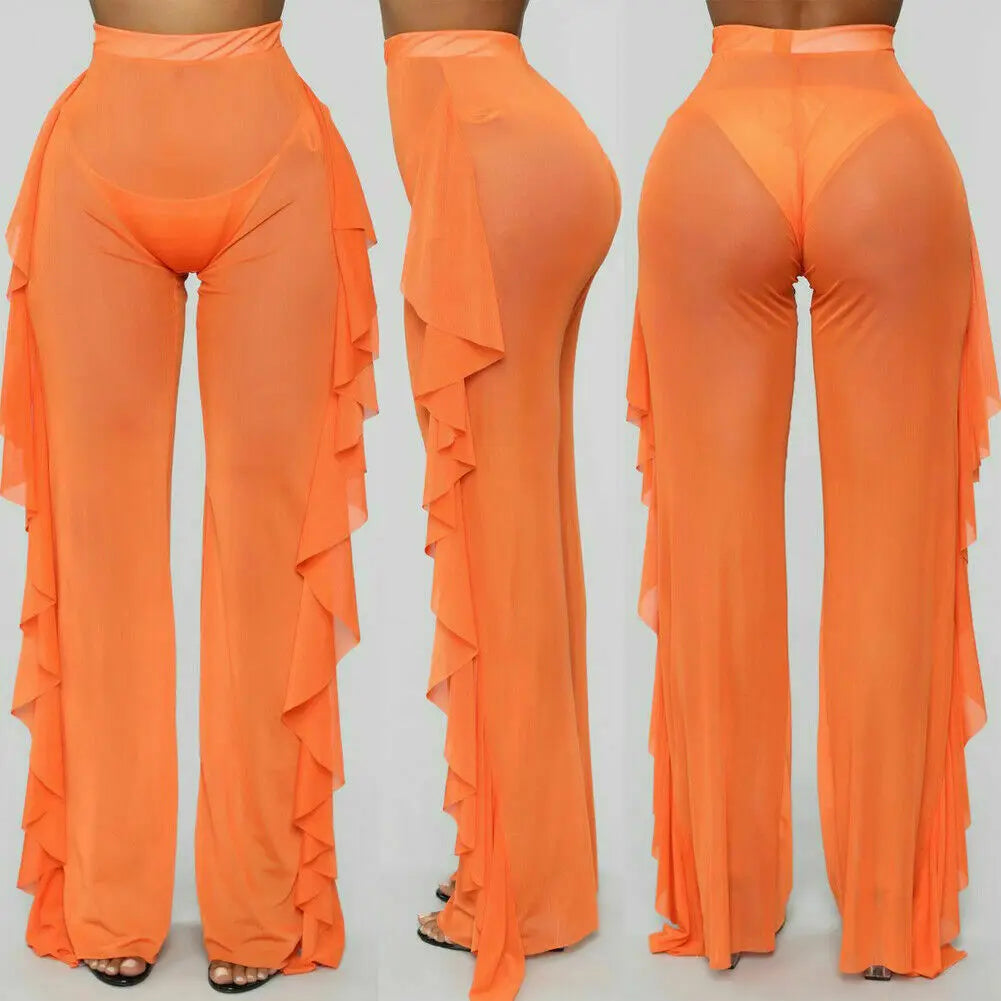 Women Beach Mesh Ruffle Sheer Wide Leg Pants Trousers Bikini Cover Up