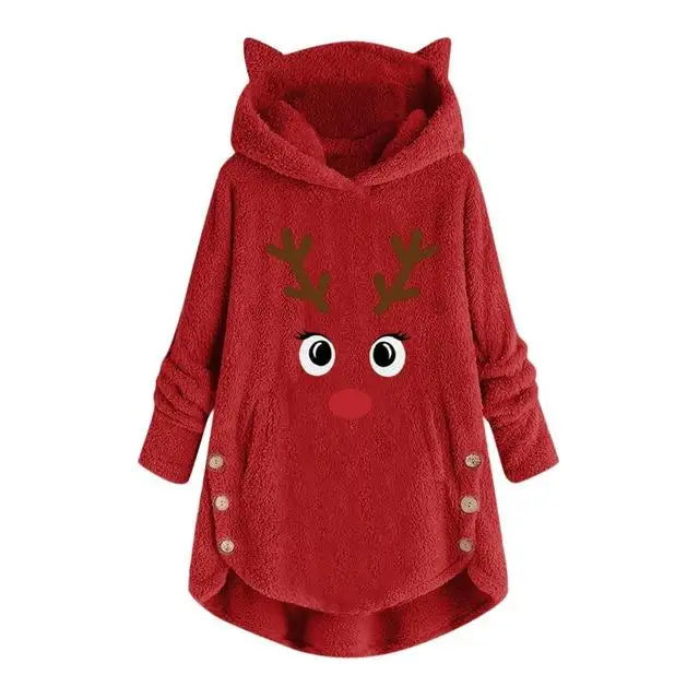 Women Printed Cat Ears Hooded Large Size Long Sleeve Button Sweater Warm Pullover Christmas Sweaters