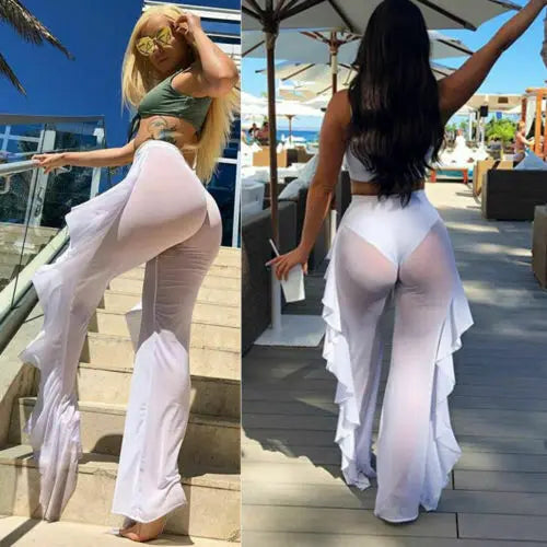Women Beach Mesh Ruffle Sheer Wide Leg Pants Trousers Bikini Cover Up