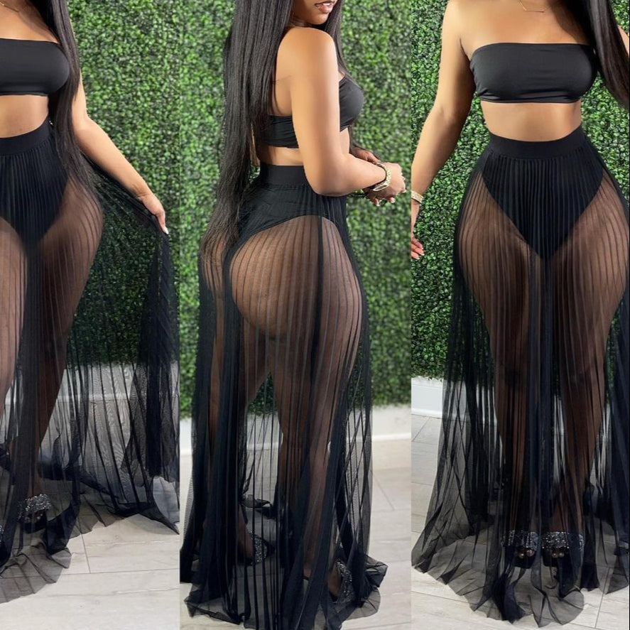 Women Mesh See Though Two Piece Set Sexy Beach Strapless Tops and Pleated Maxi Skirts Matching Set Summer Outfits
