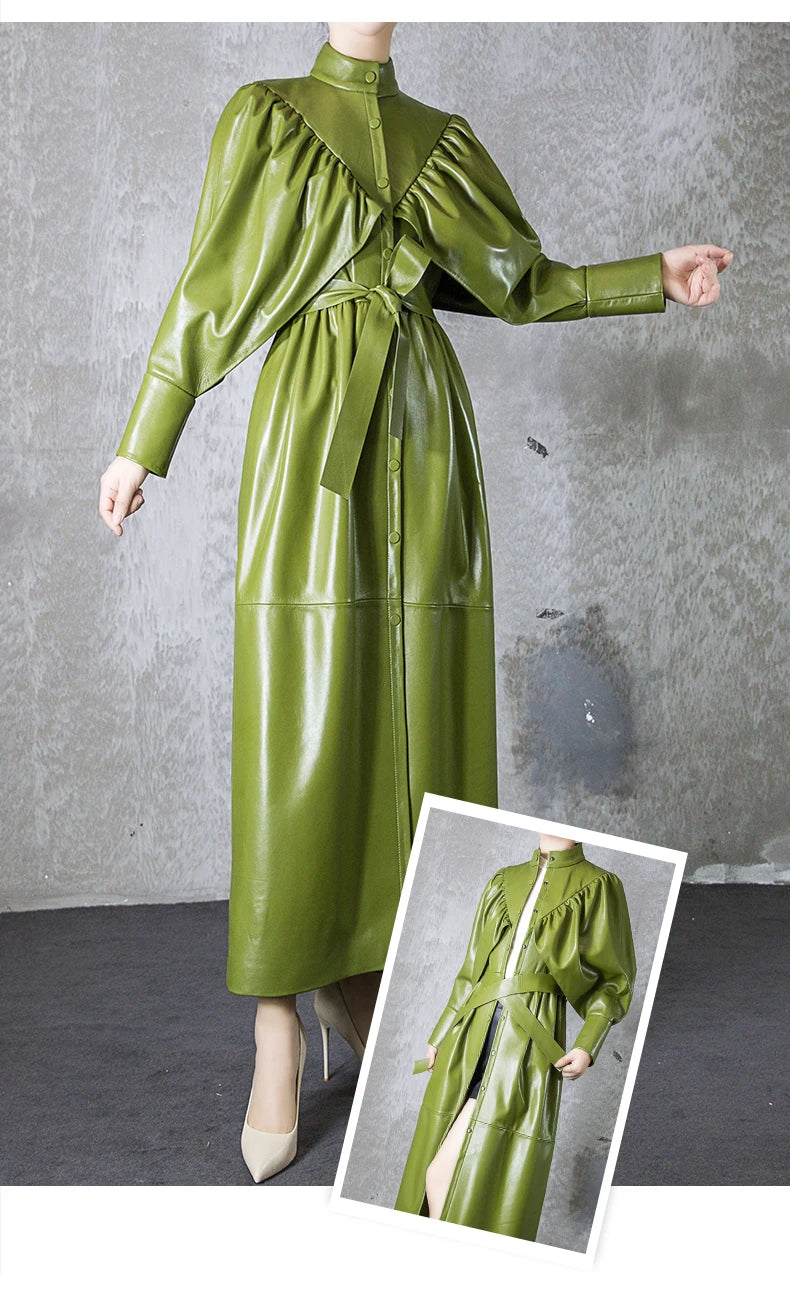 Green Black Maxi Soft Faux Leather Trench Coat for Women Luxury Retro Trench Coat