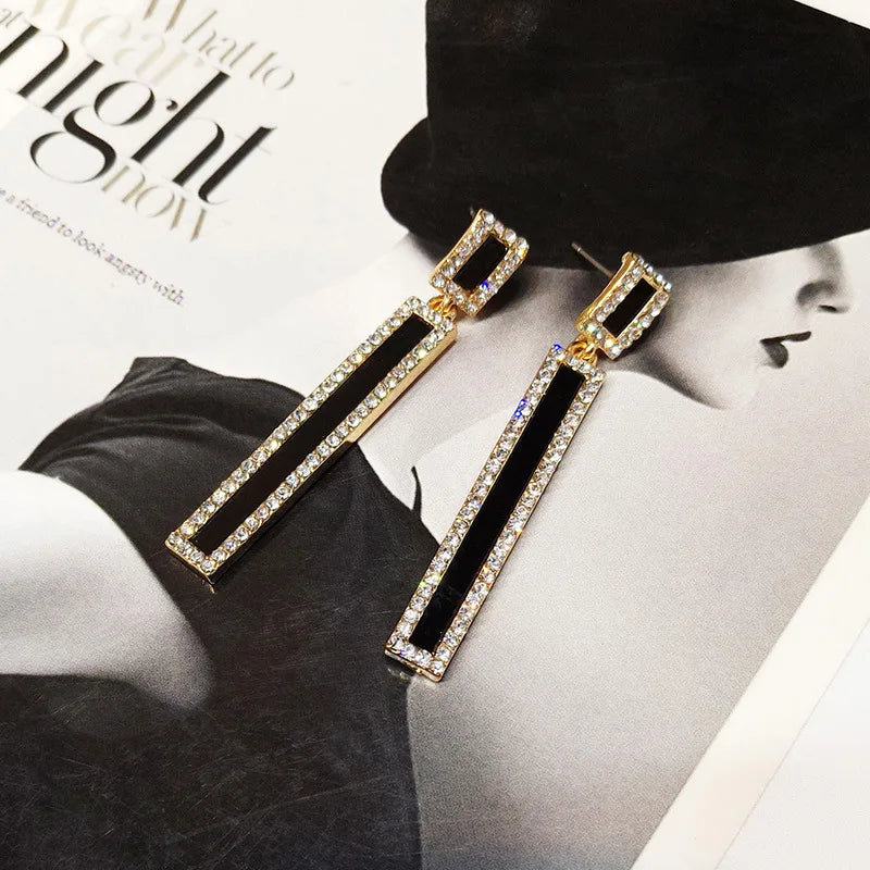 Rhinestone Enamel Rectangle Drop Earrings for Women