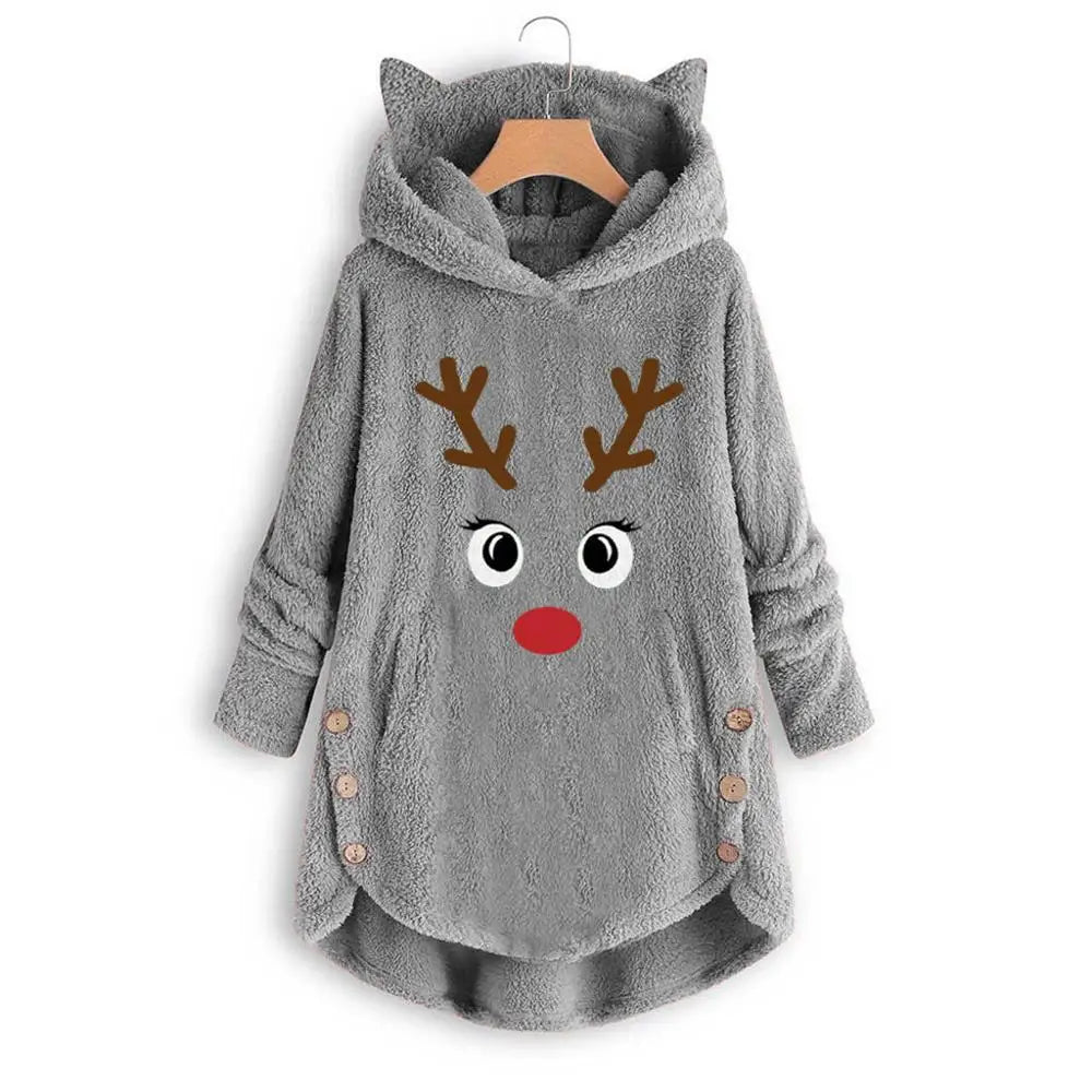 Women Printed Cat Ears Hooded Large Size Long Sleeve Button Sweater Warm Pullover Christmas Sweaters