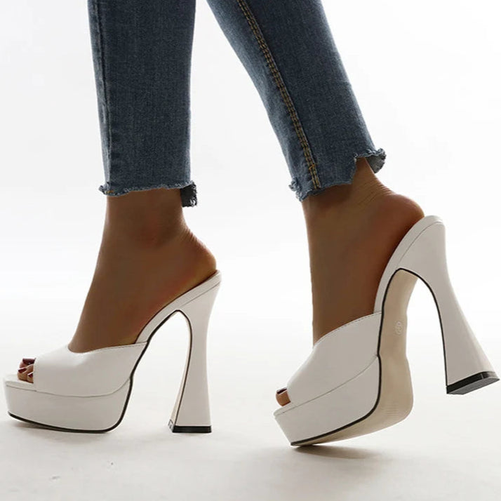 Women Platform Slippers Slides Summer Peep Toe Square Heels 13cm Gladiator Sandals