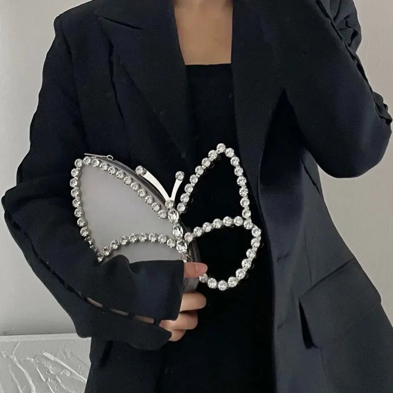 White Rhinestone Pink Butterfly Wedding Evening Clutches Party Prom Purse