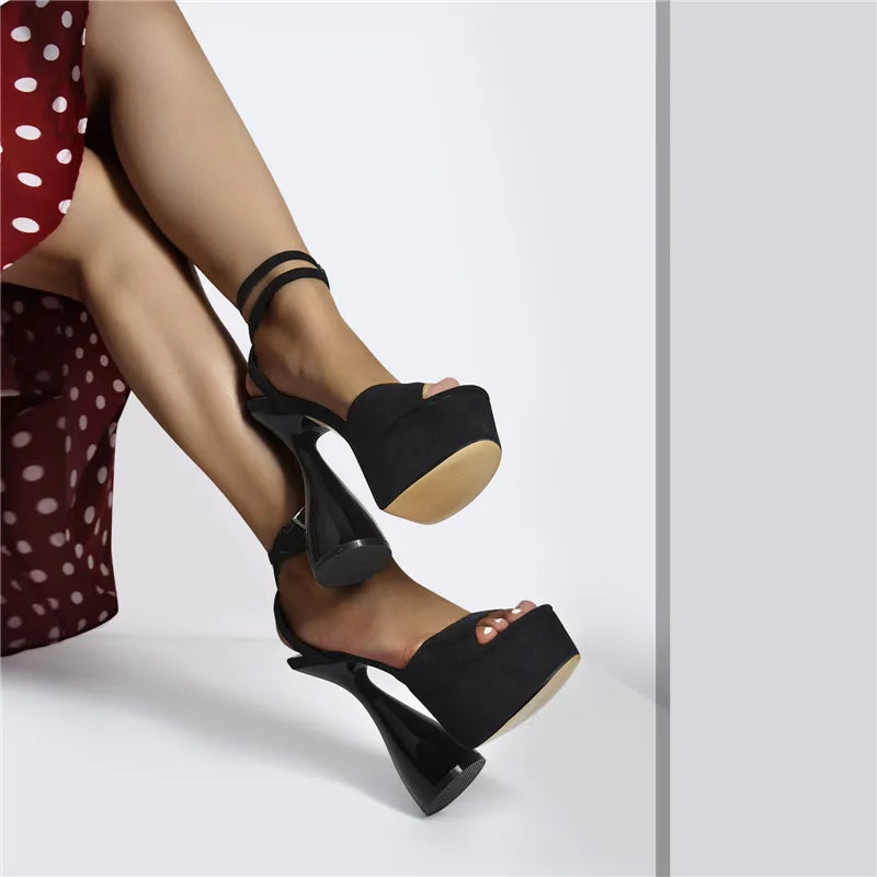 Women Peep Toe Sandals Black Flock Platform Ankle Strap High Heel Shoes