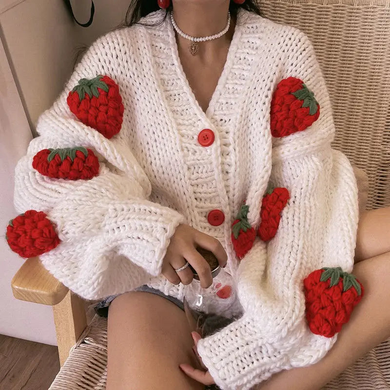 Large Size Women Sweater Puff Sleeve Strawberry Sweet Full Cardigans Loose Girls Sweater