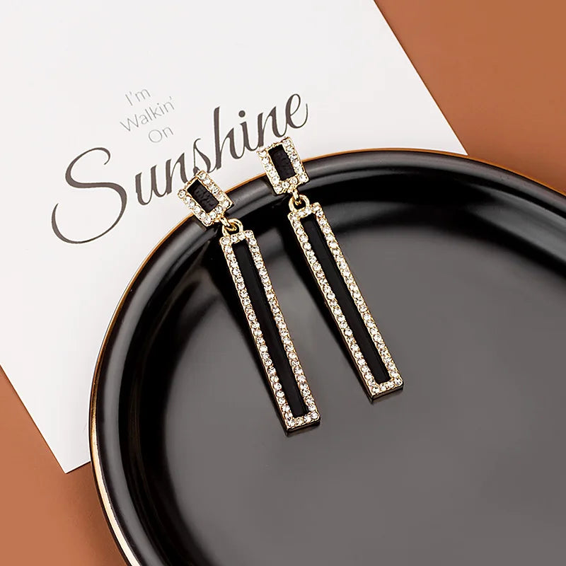 Rhinestone Enamel Rectangle Drop Earrings for Women