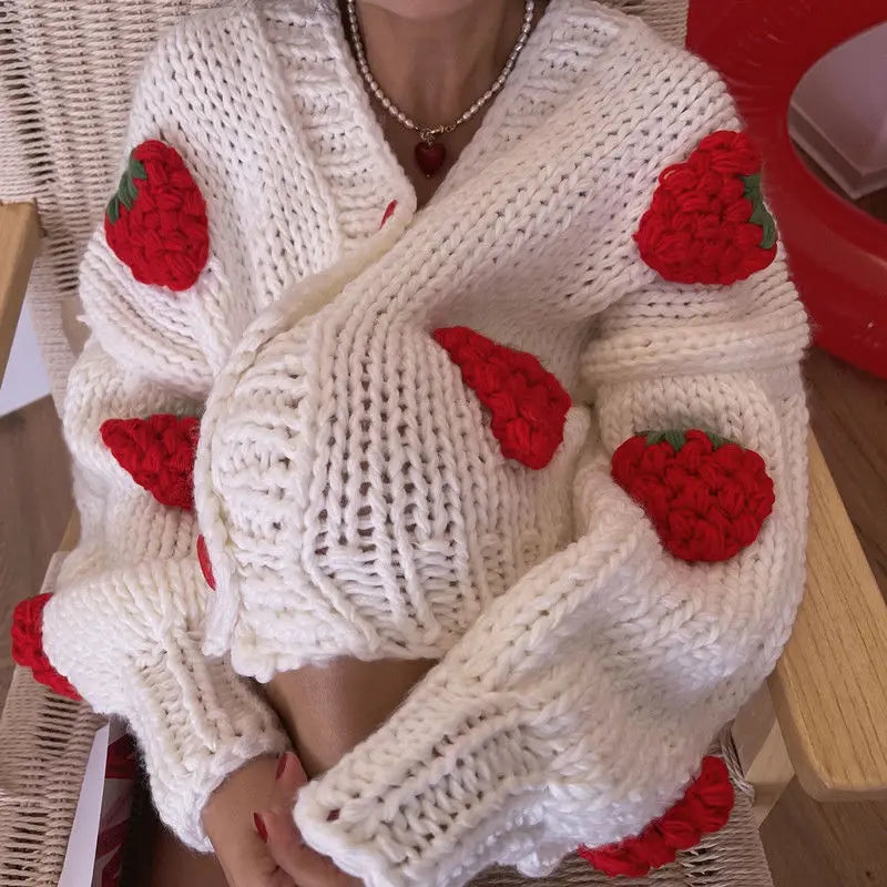 Large Size Women Sweater Puff Sleeve Strawberry Sweet Full Cardigans Loose Girls Sweater