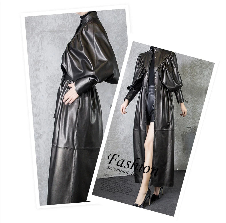 Green Black Maxi Soft Faux Leather Trench Coat for Women Luxury Retro Trench Coat