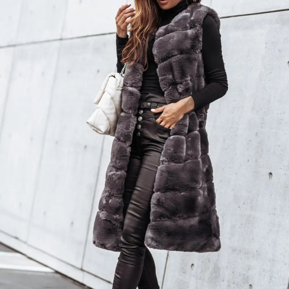 Faux Fur Sleeveless Coat Solid Round Neck Thick Outerwear Jacket