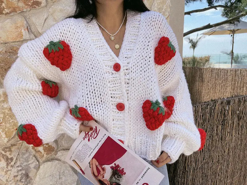 Large Size Women Sweater Puff Sleeve Strawberry Sweet Full Cardigans Loose Girls Sweater