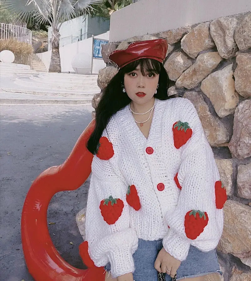 Large Size Women Sweater Puff Sleeve Strawberry Sweet Full Cardigans Loose Girls Sweater