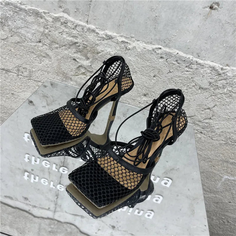 Sexy Mesh Pumps Sandals Female Square Toe High Heel Lace Up Cross-Tied Dress Shoes
