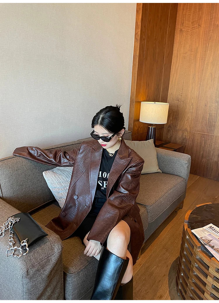 Oversized Shiny Purple Crocodile Pattern Faux Leather Blazer for Women Y2k