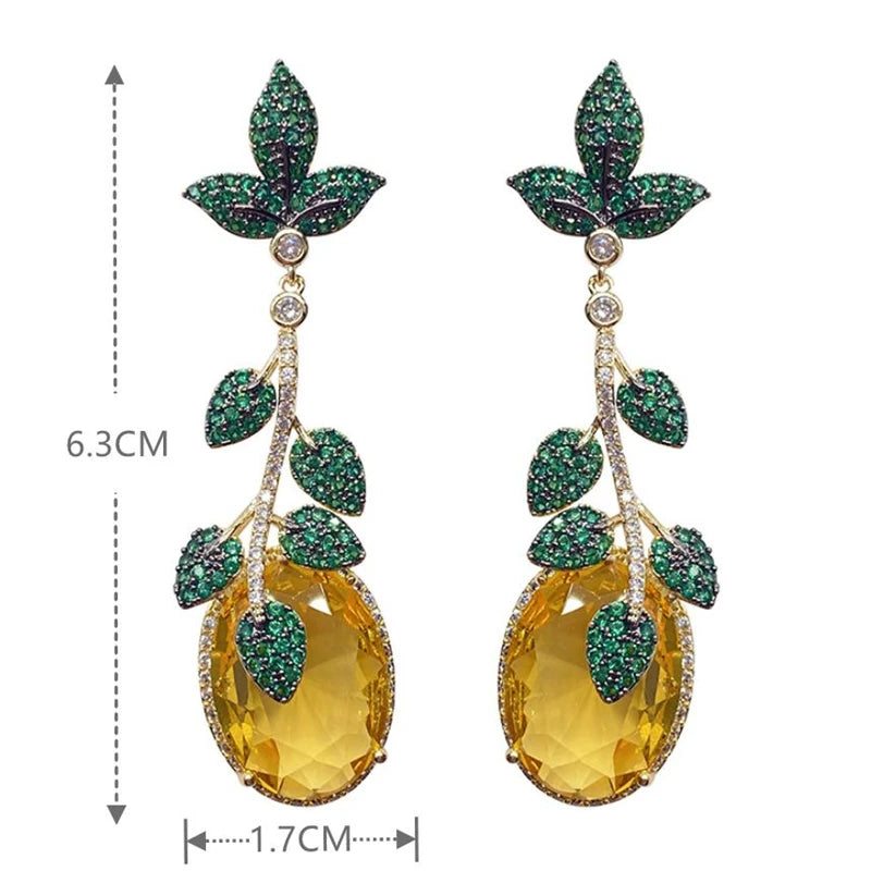 Green Leaf And Yellow Cubic Zirconia Vintage Luxury Drop Earring For Women