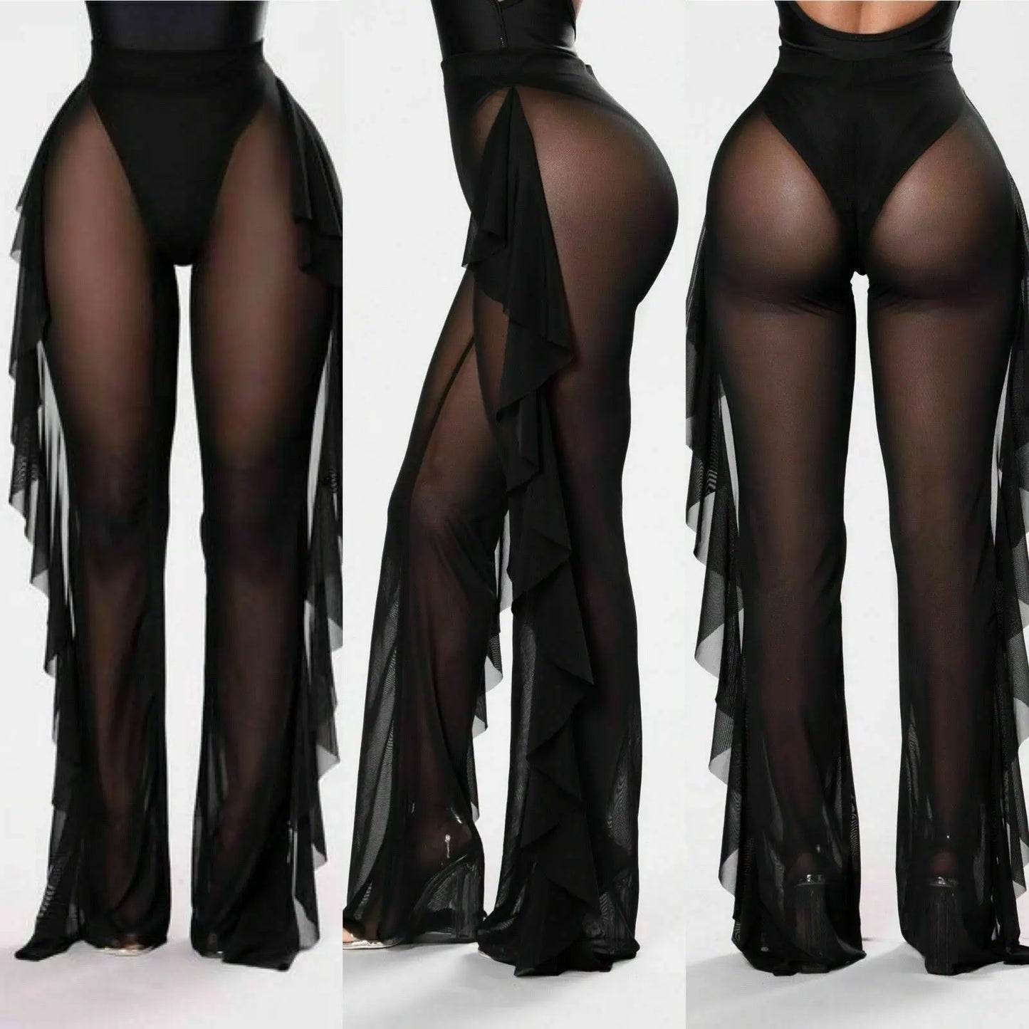 Women Beach Mesh Ruffle Sheer Wide Leg Pants Trousers Bikini Cover Up