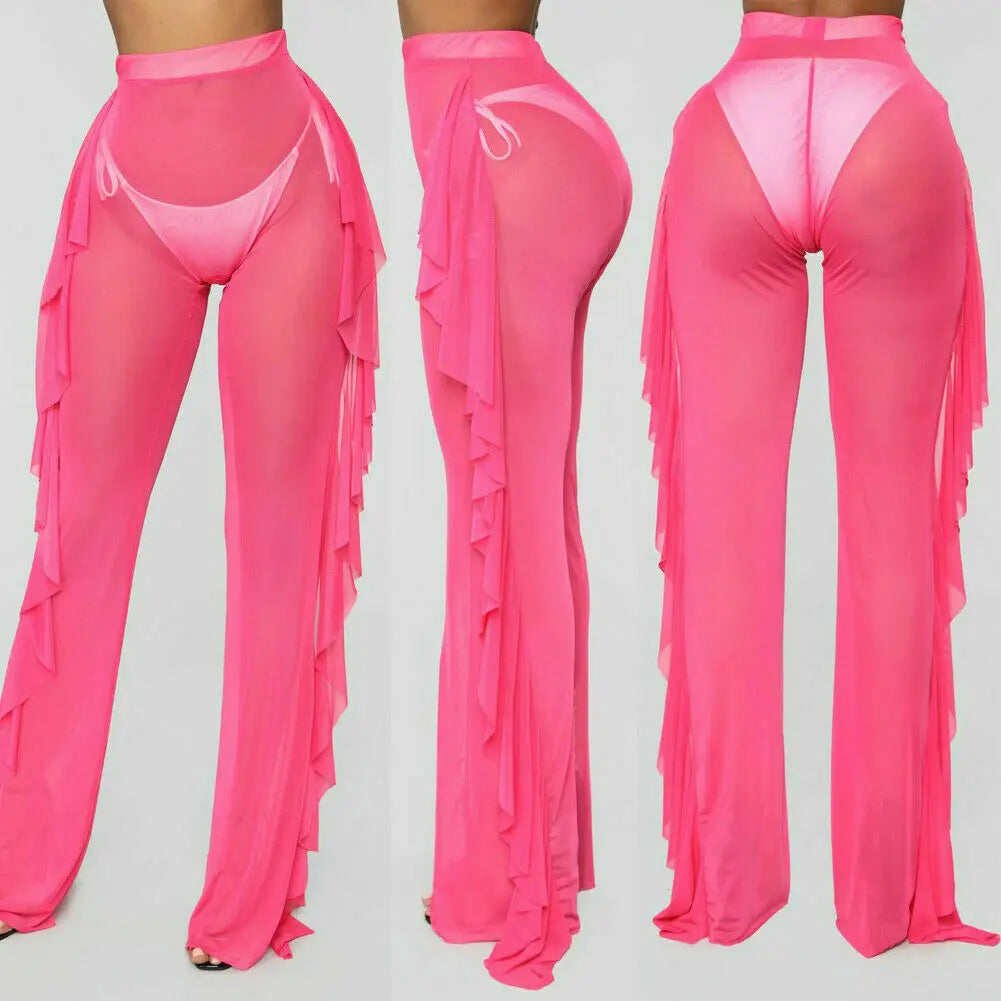 Women Beach Mesh Ruffle Sheer Wide Leg Pants Trousers Bikini Cover Up
