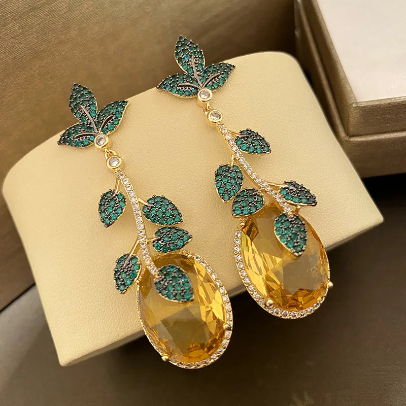 Green Leaf And Yellow Cubic Zirconia Vintage Luxury Drop Earring For Women