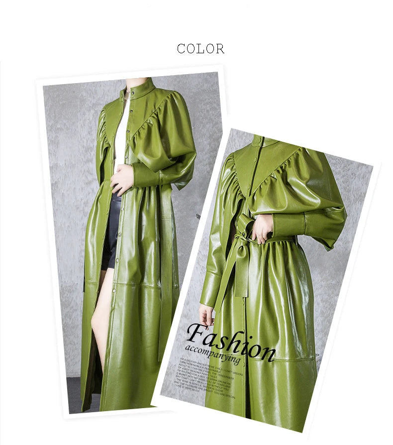 Green Black Maxi Soft Faux Leather Trench Coat for Women Luxury Retro Trench Coat